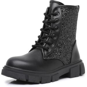 imageApakowa Girls Combat Boots Fashion Ankle Booties Side Zipper Boots Little KidBig KidSparklyblack