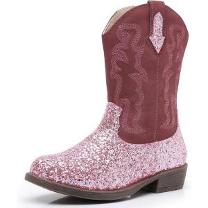 imageApakowa Girls Cowboy Boots Side Zipper Cowgirl Boots Embroidered Western Style Toddler Little Kid Big KidGlitterpink