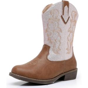 imageApakowa Girls Cowboy Boots Side Zipper Cowgirl Boots Embroidered Western Style Toddler Little Kid Big KidGlitterpinkbrown