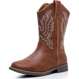 imageApakowa Kids Cowboy Boots  Cowboy and Cowgirl Boots for Boys and Girls MidCalf Square Toe Western Rodeo Boots with Embroidery and Side Zipper ToddlerLittle KidBig KidBrown