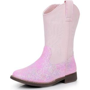 imageApakowa Kids Cowboy Boots  Cowboy and Cowgirl Boots for Boys and Girls MidCalf Square Toe Western Rodeo Boots with Embroidery and Side Zipper ToddlerLittle KidBig KidGlitterpink