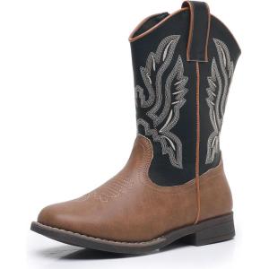 imageApakowa Kids Cowboy Boots  Cowboy and Cowgirl Boots for Boys and Girls MidCalf Square Toe Western Rodeo Boots with Embroidery and Side Zipper ToddlerLittle KidBig KidBlackbrown