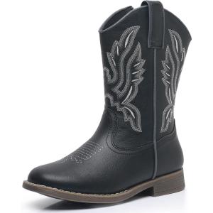 imageApakowa Kids Cowboy Boots  Cowboy and Cowgirl Boots for Boys and Girls MidCalf Square Toe Western Rodeo Boots with Embroidery and Side Zipper ToddlerLittle KidBig KidBlack