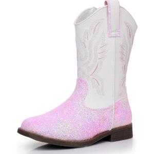 imageApakowa Kids Cowboy Boots  Cowboy and Cowgirl Boots for Boys and Girls MidCalf Square Toe Western Rodeo Boots with Embroidery and Side Zipper ToddlerLittle KidBig KidGlitterwhite