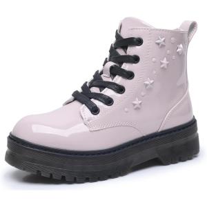 imageApakowa Girls Combat Boots Girls Ankle Booties Lace Up With Side Zipper ToddlerLittle KidBig KidPatentpink6250